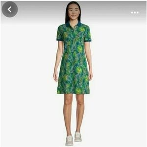 Lands’ End Polo Classic Shirt Dress Mesh Cotton Green Tropical Leaf